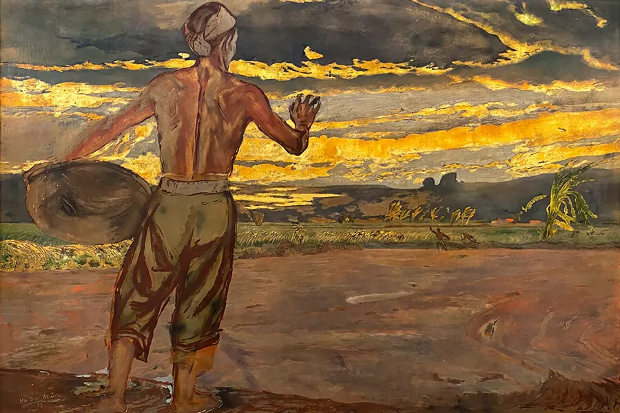 Tranh sơn mài Việt Nam: người nông dân trên cánh đồng lúc hoàng hôn